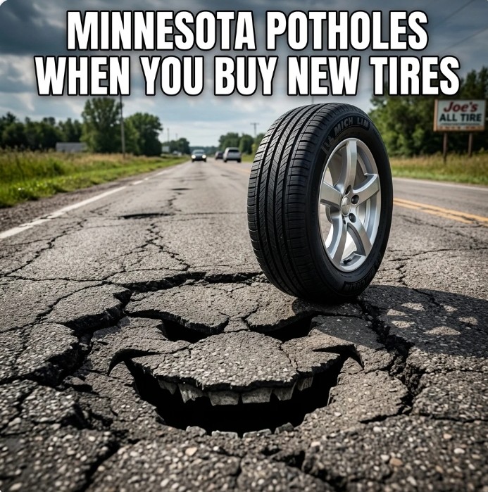 Pothole humor with new tire